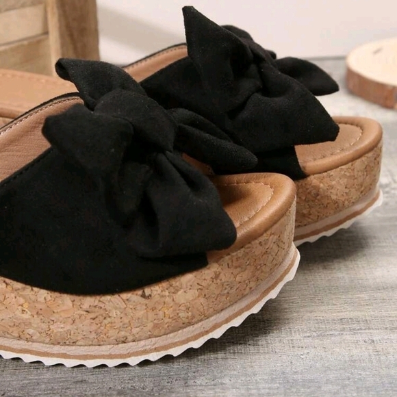 Summer Casual Fashionable Black Wedge Sandals With Bow Decoration, Platform - Picture 3 of 6